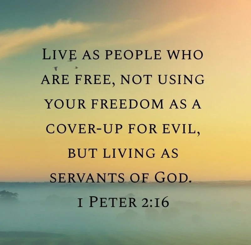 While Christ has set us free, it does NOT give us an excuse to live sinfully. The freedom He offered us should lead us to live a life that represents how He lived. As we are going thorugh the book of 1 Peter, make sure to read chapter 2 this week.