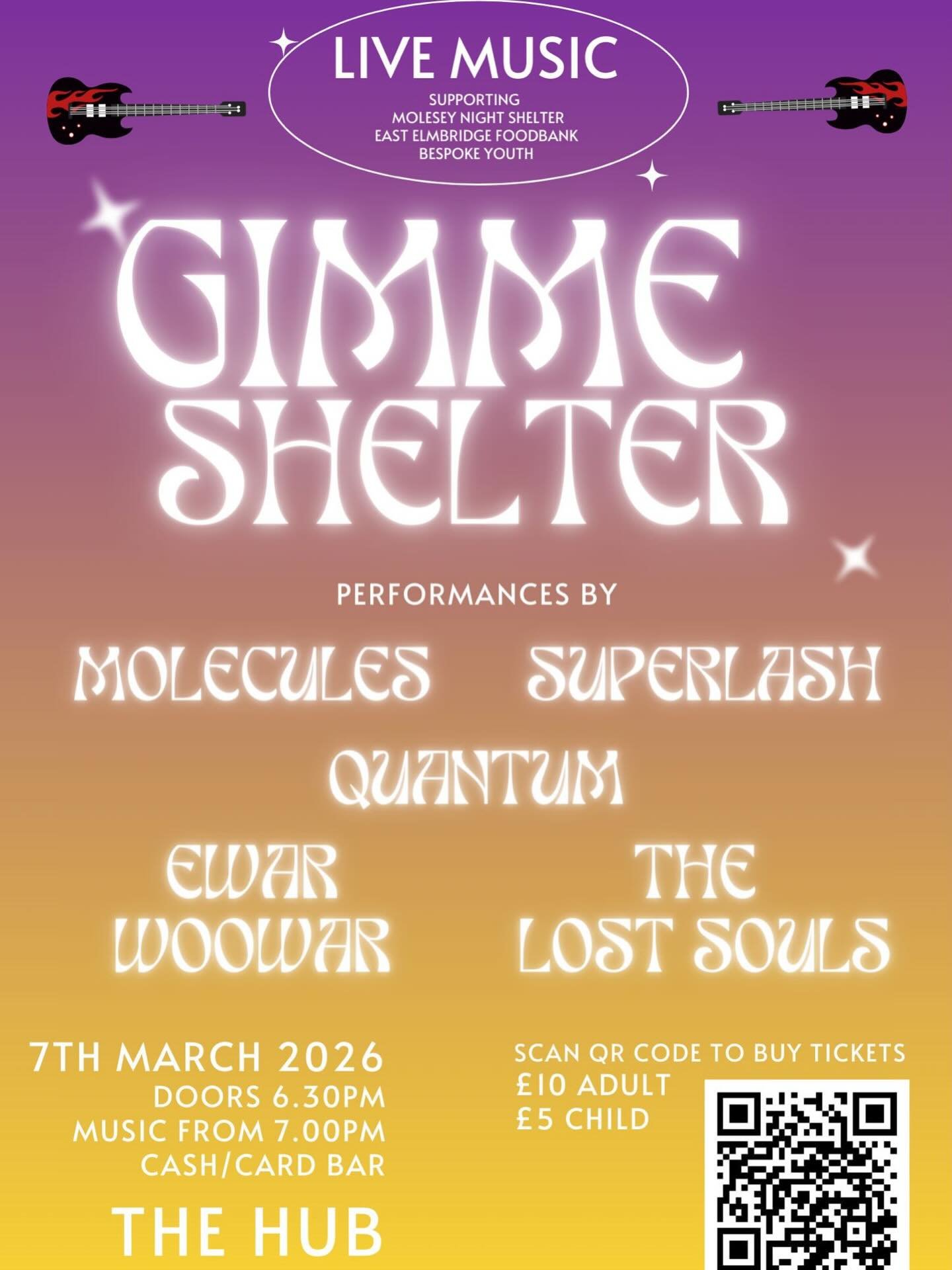 If you love live music, don&rsquo;t miss Gimme Shelter! Featuring local bands Molecules, Super Lash, Quantum, Ewar Woowar and the Lost Souls.

All profits go to the St Peter&rsquo;s Charities including Molesey Churches Night Shelter, East Elmbridge F