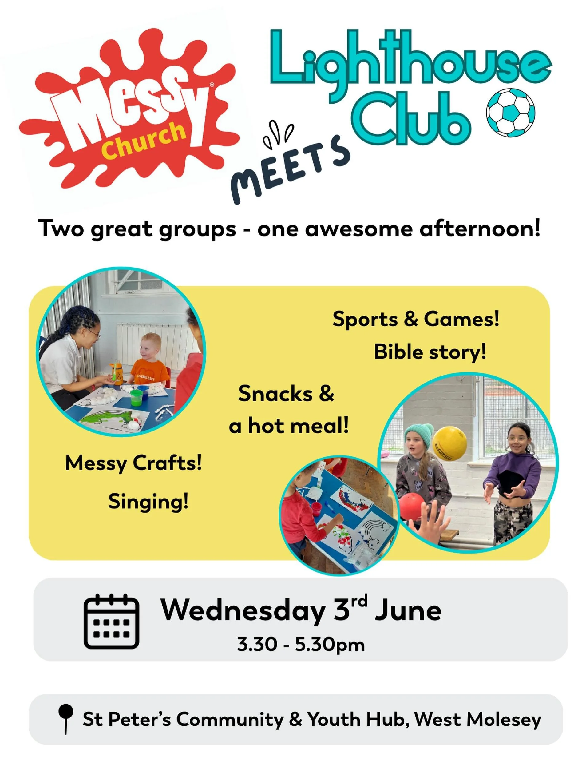 📣 Your two favourite after school clubs are joining up today - it&rsquo;s Messy Church meets Lighthouse Club! 

⚽️There will be messy crafts and activities and sports and games. 🫟

The session ends with a hot meal and runs from 3.30 - 5.30pm. It&rs