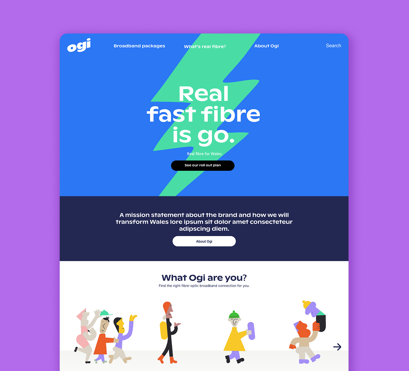 Clean UI homepage and layout designs for Ogi brand website.
