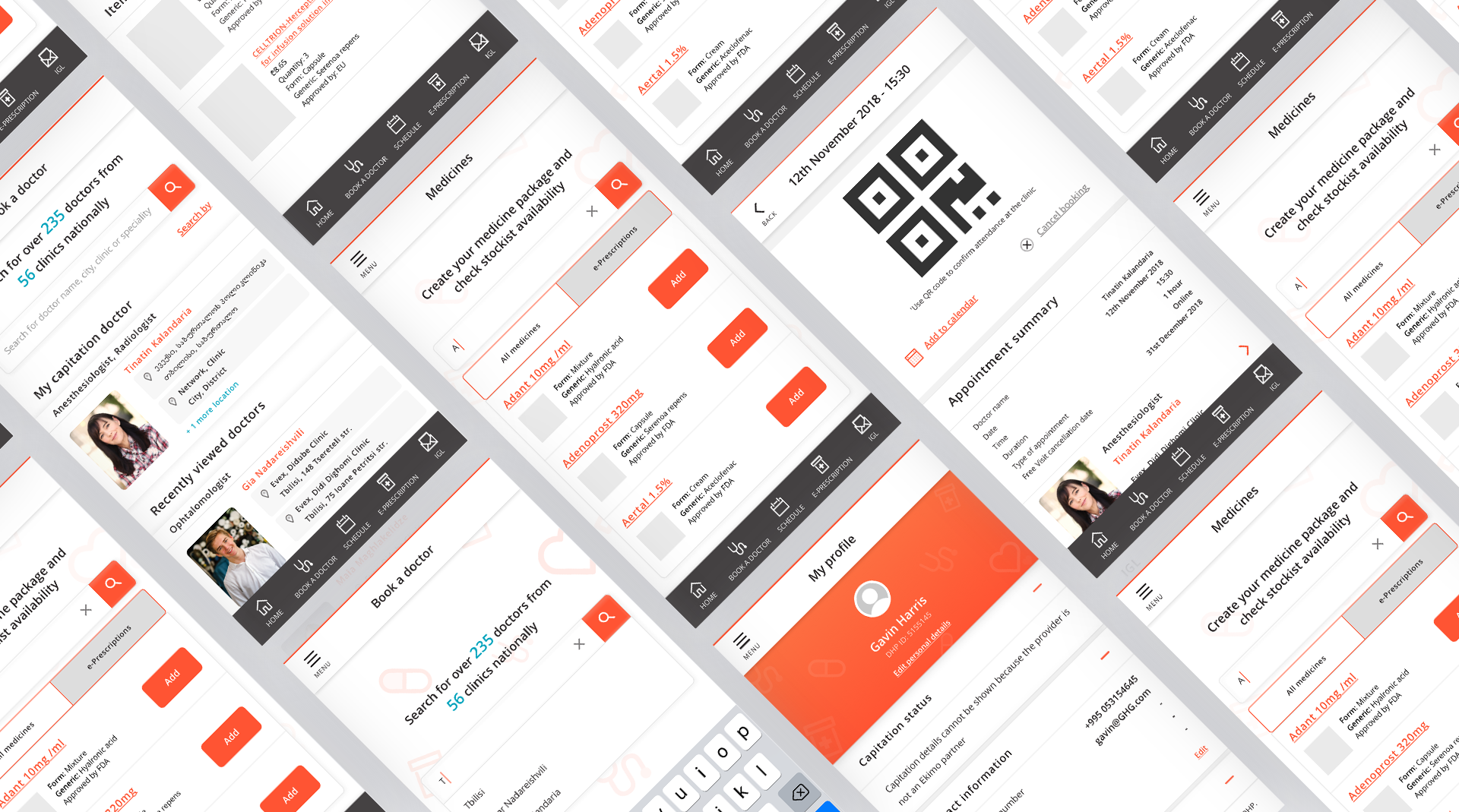 Mobile UI screens showing Georgia Healthcare Group app design and dashboard.