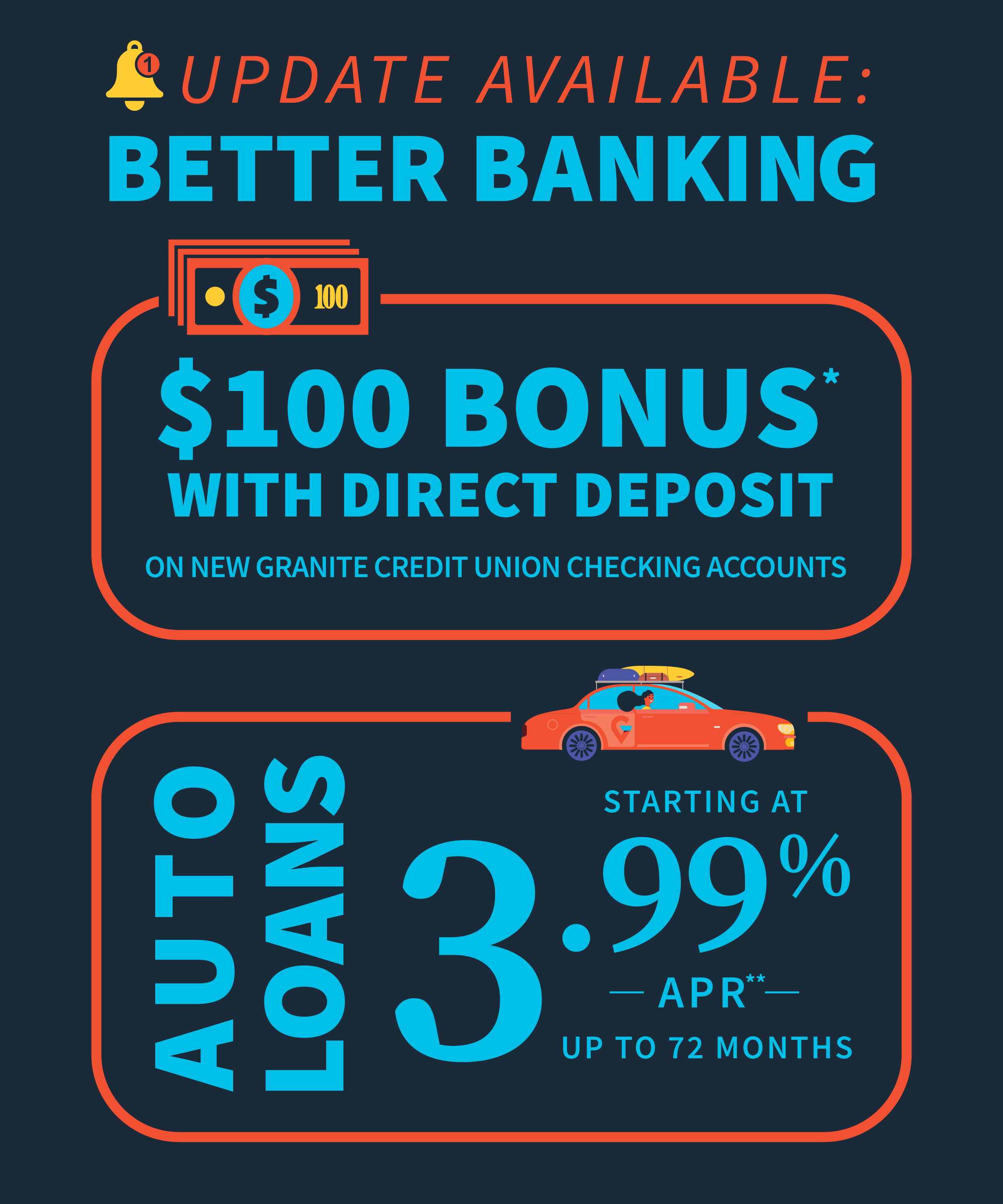 $100 Bonus with Direct Deposit and 3.99% Auto Loan