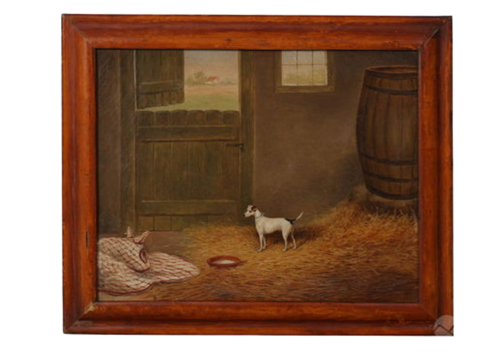 Pintura de terrier en un granero