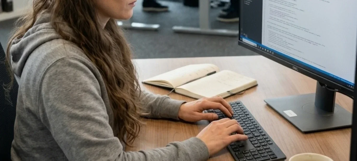 SEO-Expertin Tamara Niebler sitzt am Arbeitsplatz im Büro und wertet User-Daten am Monitor aus