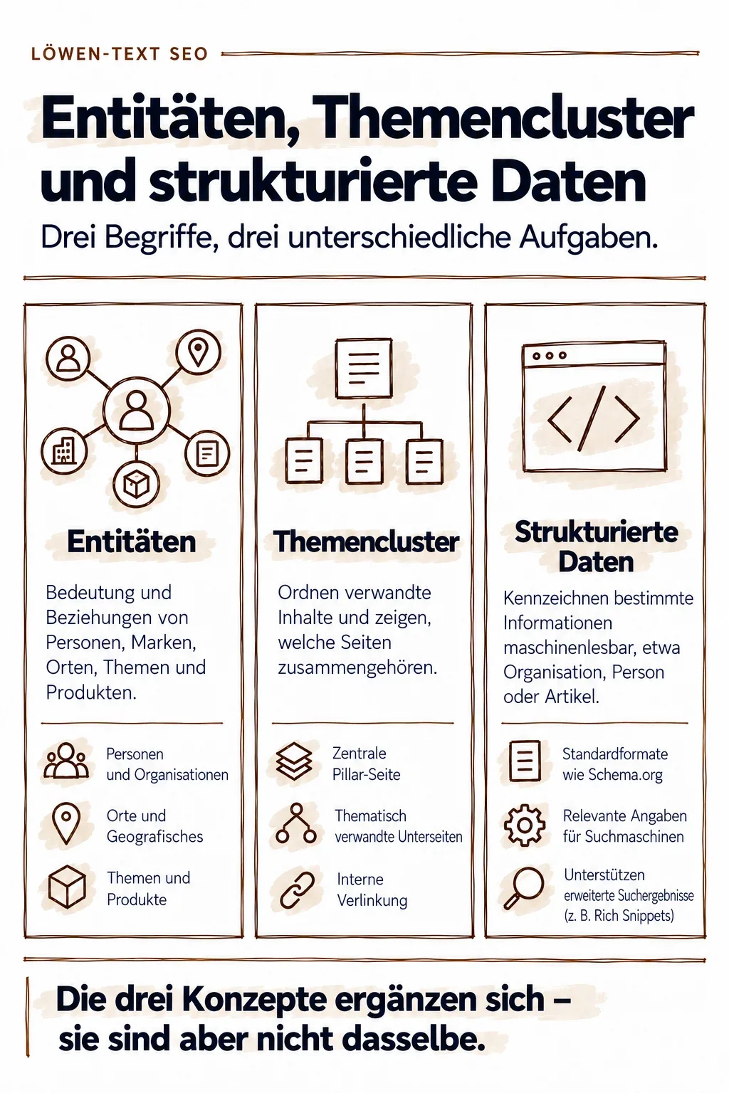 SEO-Infografik erklärt die Unterschiede zwischen Entitäten und ihren Beziehungen, Themenclustern mit interner Verlinkung und strukturierten Daten nach Schema.org.