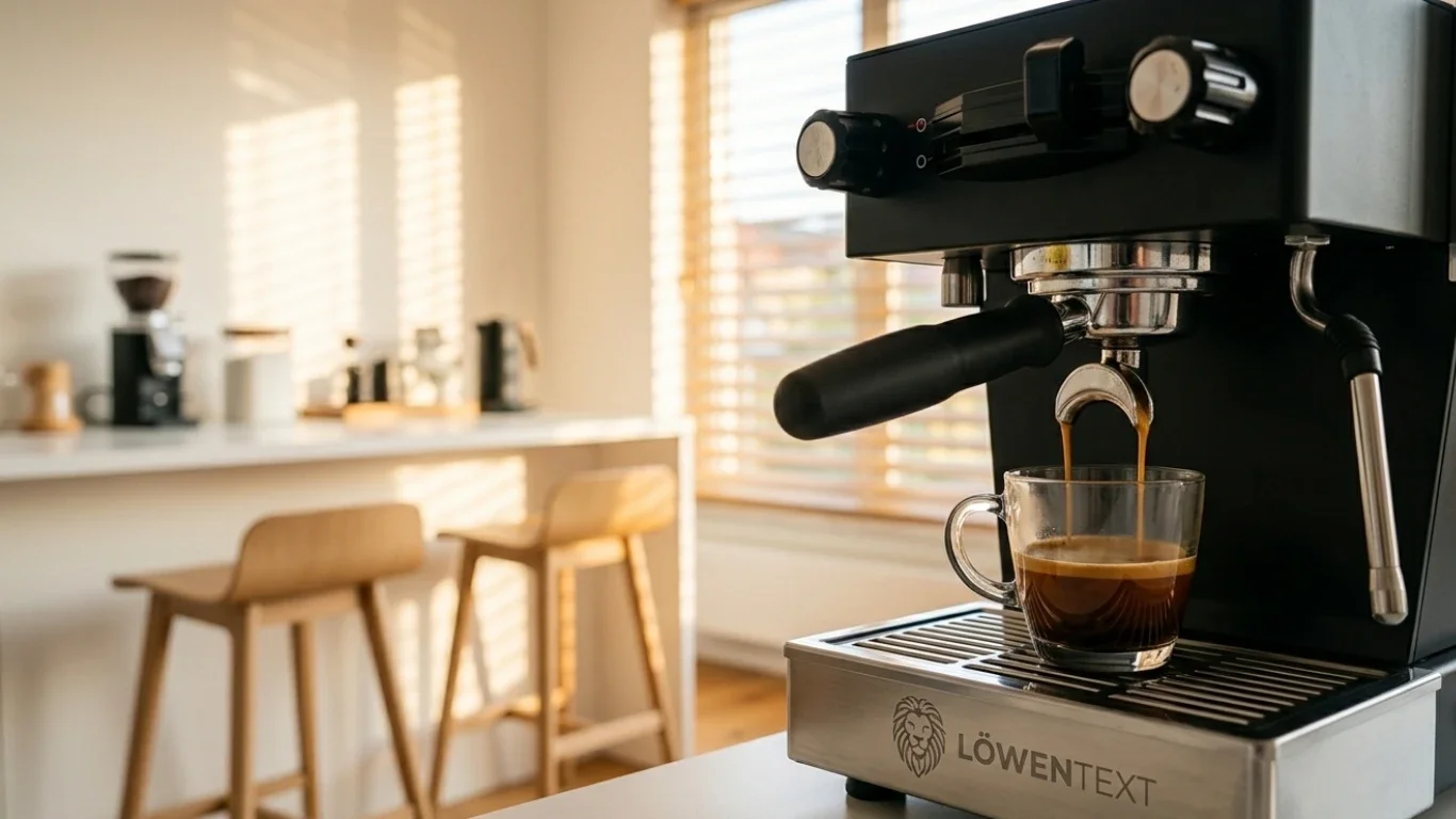 Espressomaschine mit Löwen-Text-Logo als Symbol für sorgfältiges Copywriting