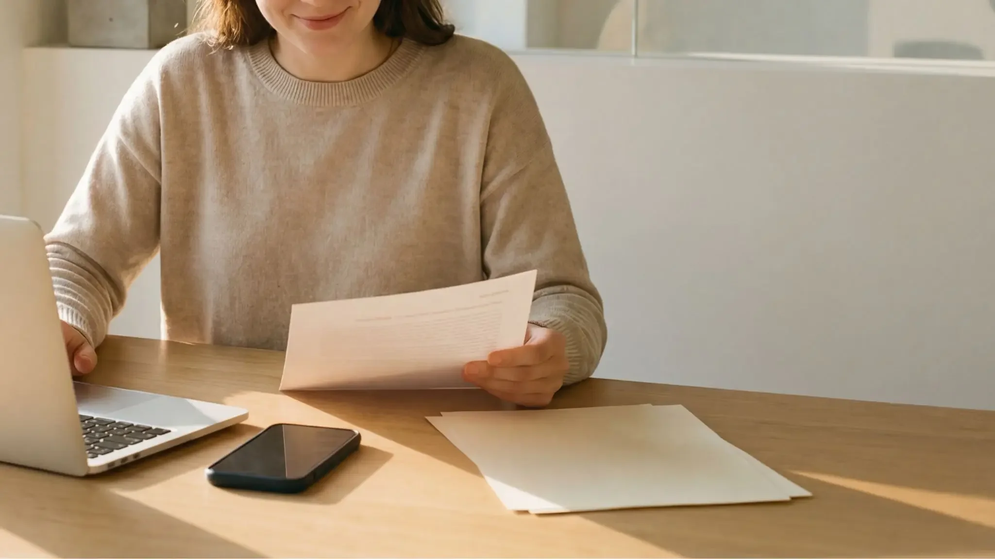 Eine Frau sitzt an einem Holztisch, liest ein Dokument und hat einen Laptop, ein Smartphone und weitere Papiere vor sich.