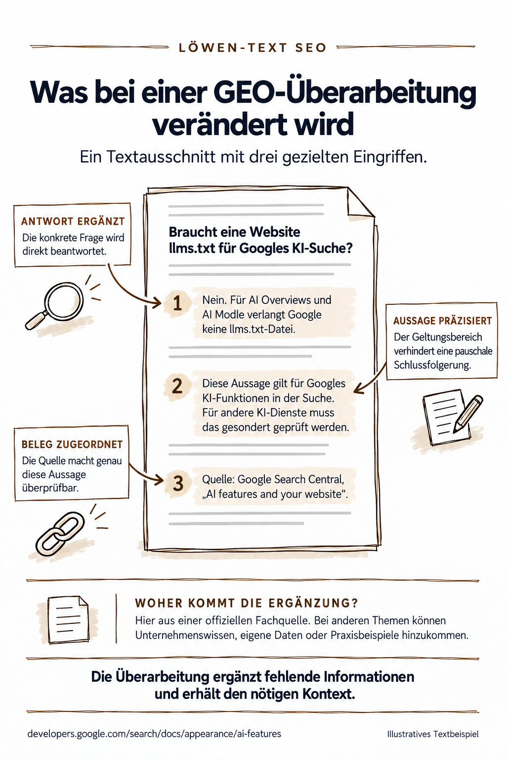 Infografik über Änderungen bei einer GEO-Überarbeitung im SEO. Es zeigt drei Eingriffe: 1. Keine llms.txt-Datei für Google, 2. Gültigkeitsbereich für Google Search, 3. Die Quelle wird überprüft. Kommentare erläutern die einzelnen Punkte, mit Illustrationen wie Lupe, Papier, Kettenglied und Text.