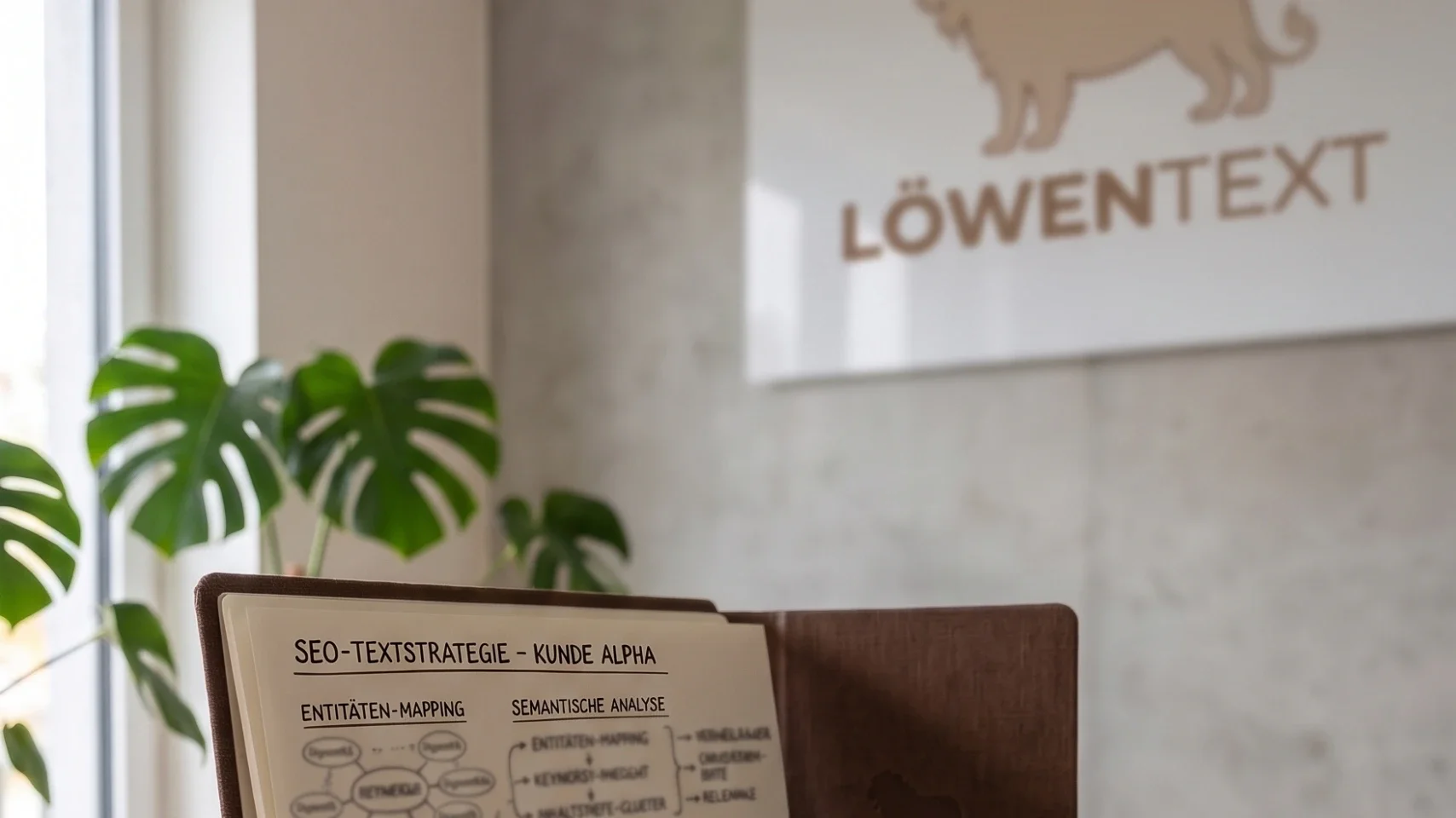 Blogtexte schreiben lassen: Helles Büro mit Löwen-Text SEO Marke an der Wand, Pflanze und SEO-Textstrategie-Buch im Vordergrund