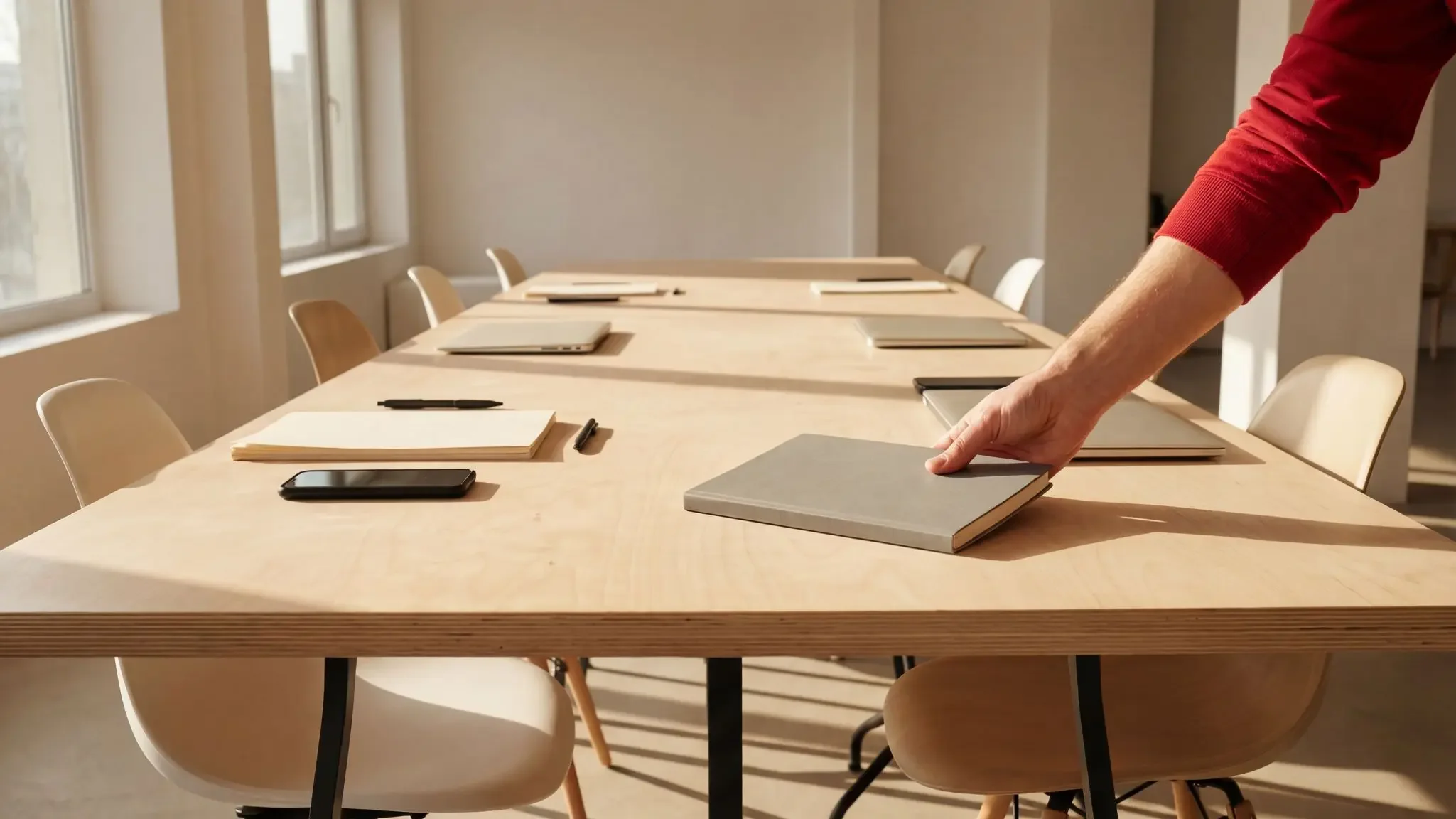 Eine Person stellt einen Laptop auf einen holzfarbenen Konferenztisch in einem hellen Raum mit großen Fenstern.