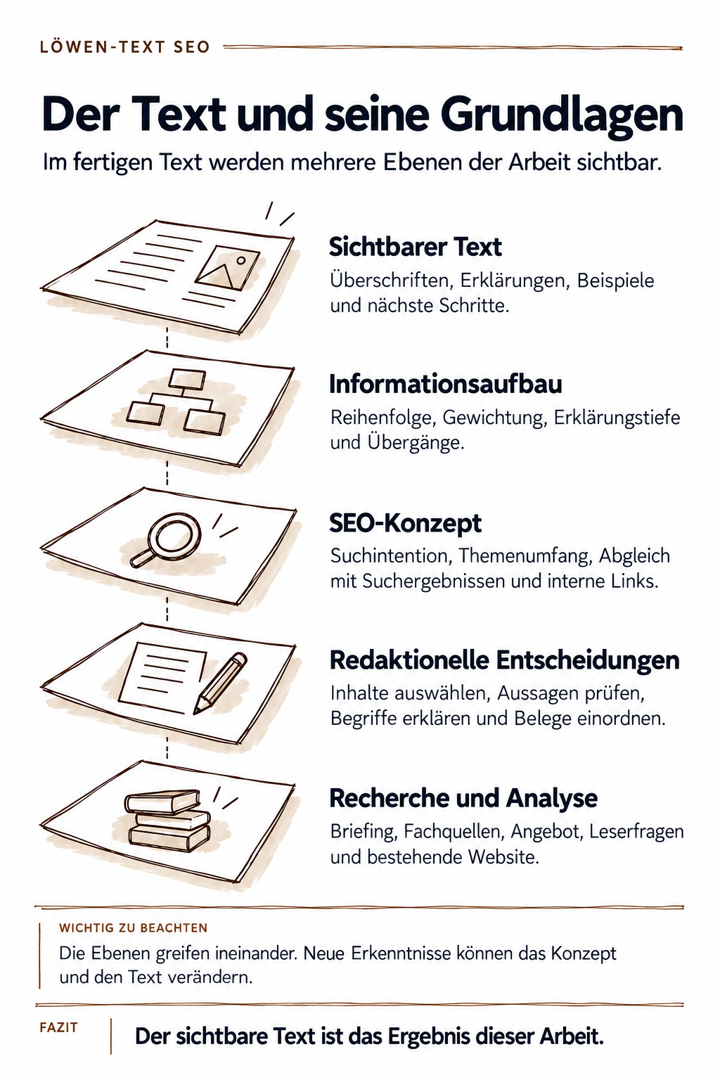 Schichtenmodell der Textarbeit: Der sichtbare Text beruht auf Informationsaufbau, SEO-Konzept, redaktionellen Entscheidungen sowie Recherche und Analyse.