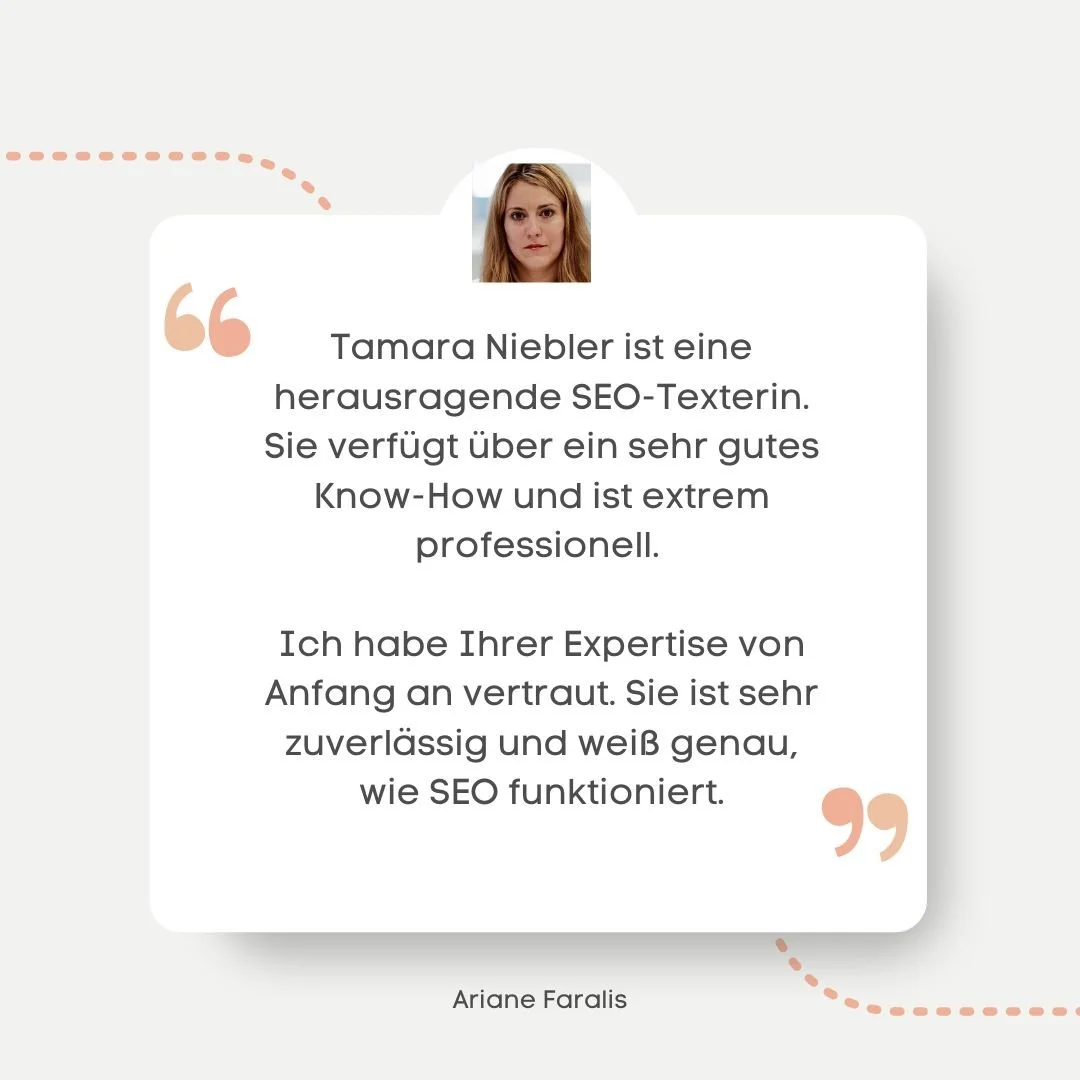 Case Study:  Local SEO für private Psychotherapie mit Referenz: Tamara Niebler ist eine herausragende SEO-Texterin. Sie verfügt über ein sehr gutes Know-how und ist extrem professionell. Ich habe ihrer Expertise von Anfang an vertraut.