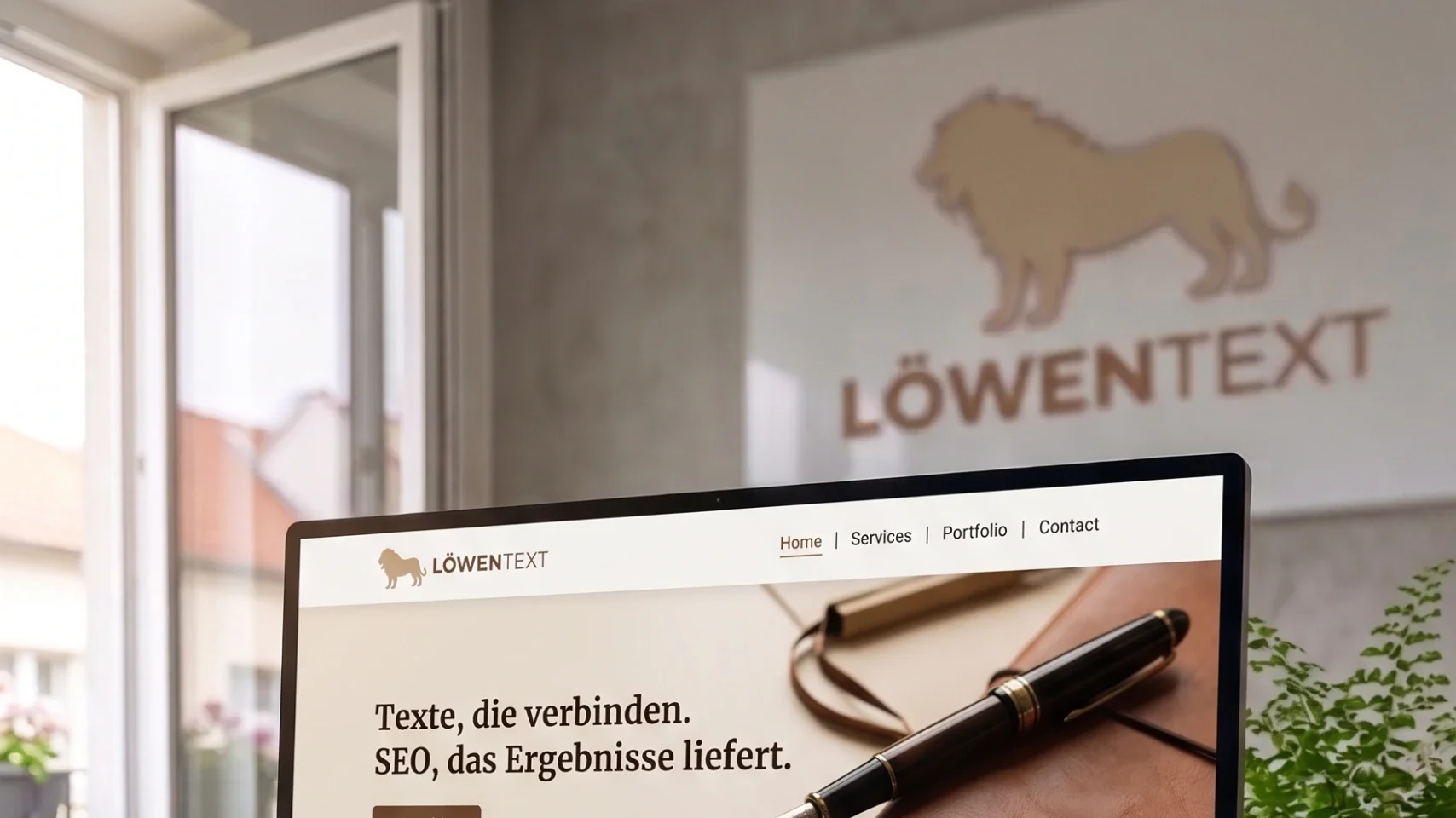 Symbolbild (erstellt mit KI): München Büro von Löwen-Text SEO Texterin mit Website-Ansicht und Löwen-Logo