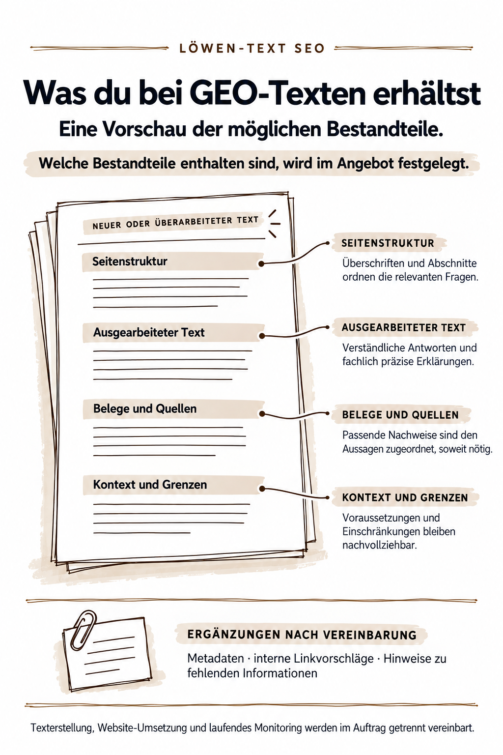 Informationsblatt zum Thema SEO-Textgestaltung, mit Überschriften und Erklärungen zu Seitengestaltung, Quellenangaben, Kontext, und Ergänzungen, im handgezeichneten Stil.