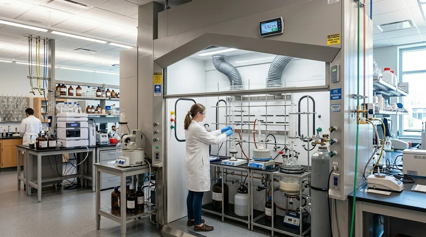 scientist working in a walk-in fume hood