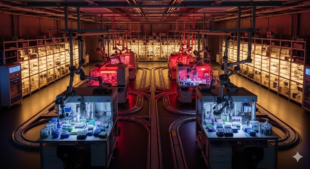 A conceptual rendering of a 'Dark Lab,' an automated research facility designed for zero human occupancy. The red service lighting and high density of robotic platforms illustrate the shift from human-centric to machine-centric design priorities.