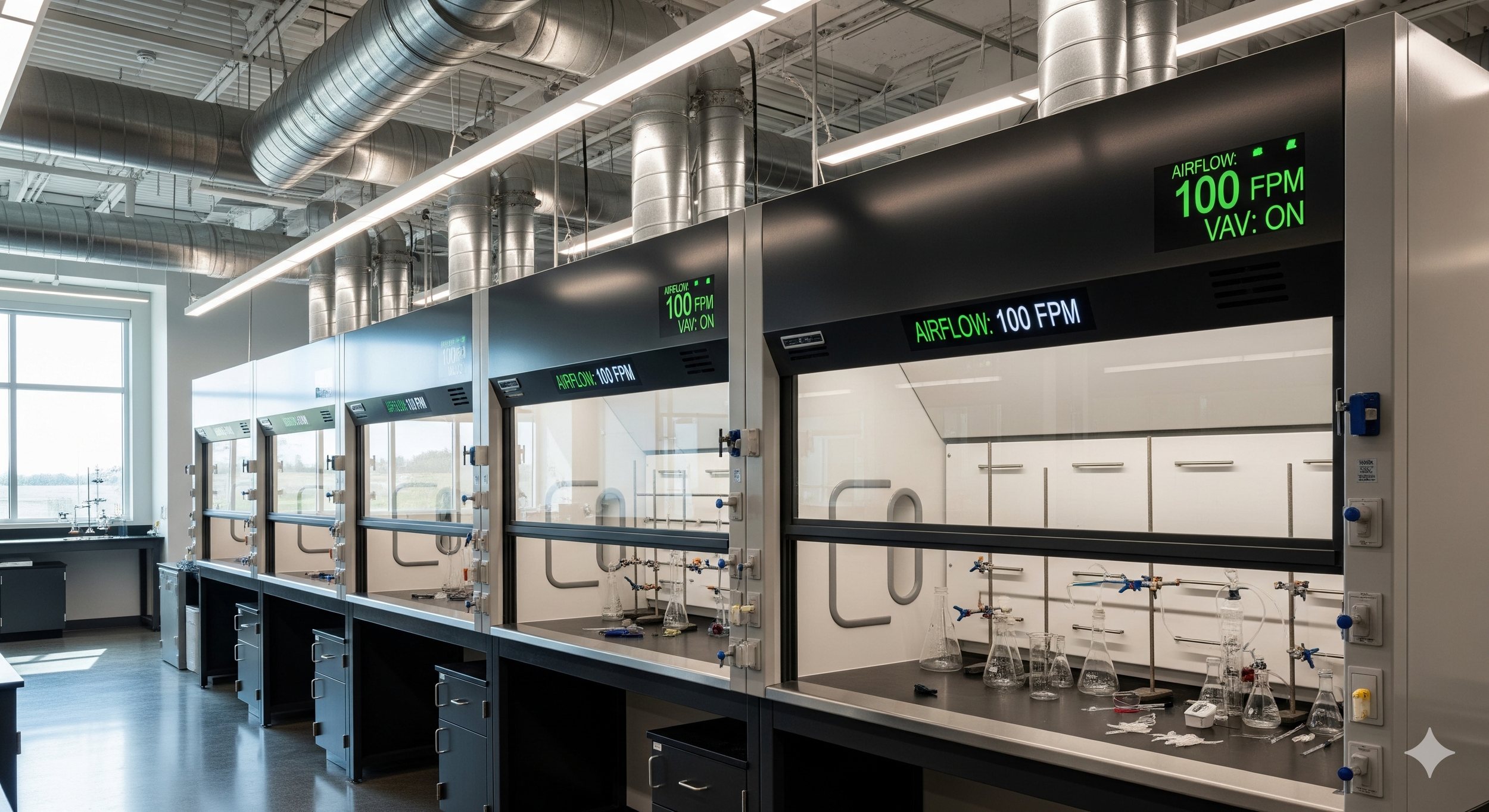 high-performance fume hoods highlighting the closed sashes and digital airflow monitors that signify energy efficiency