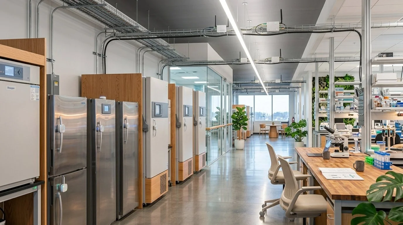 amodern lab with a bank of freezers showing smart lab sensors