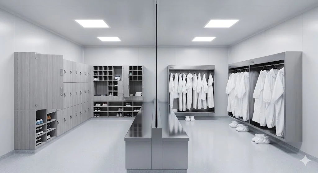 a GMP Gowning Room showing clean and dirty sides