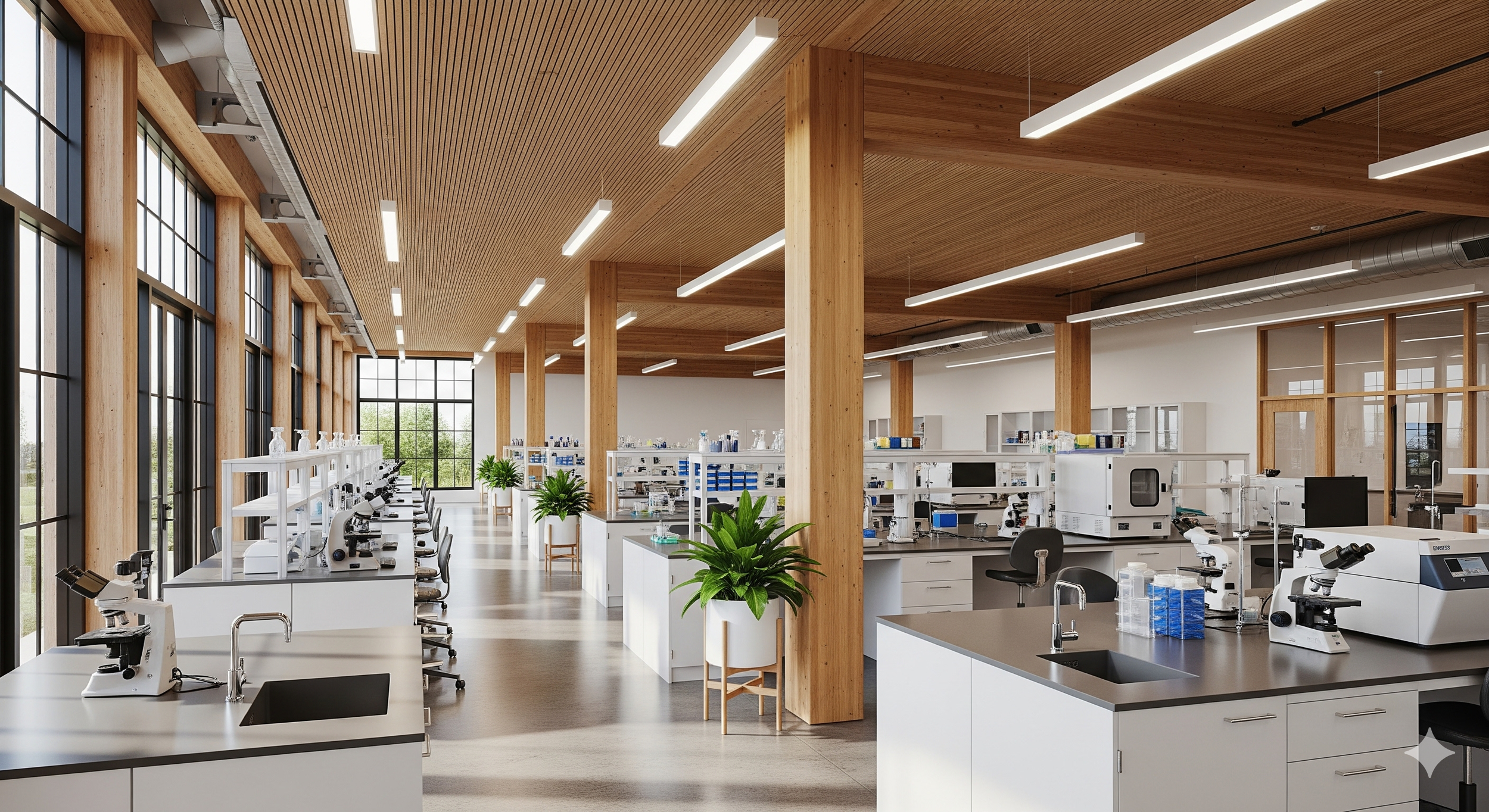 a modern mass timber laboratory, highlighting the exposed wood structure that reduces embodied carbon while maintaining a high-tech research environment