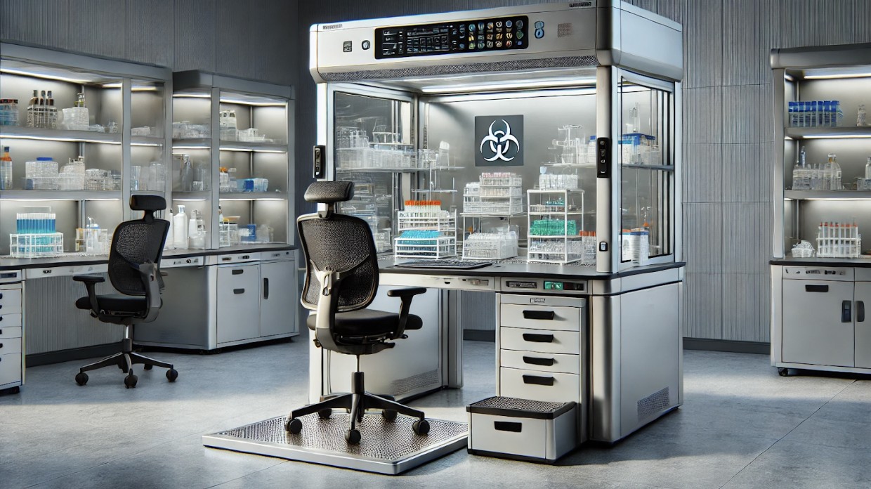 An image of a single workstation at a biological safety cabinet in a modern biological lab, designed with ergonomic features for safety and comfort.