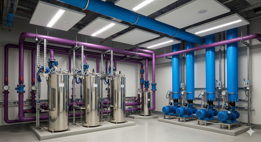 lab water conservation systems highlighting the use of "purple pipe" reclamation systems alongside process cooling loops