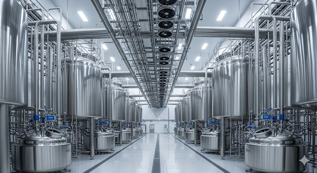 large modern manufacturing lab showing large scale bioreactors and high bay lab design