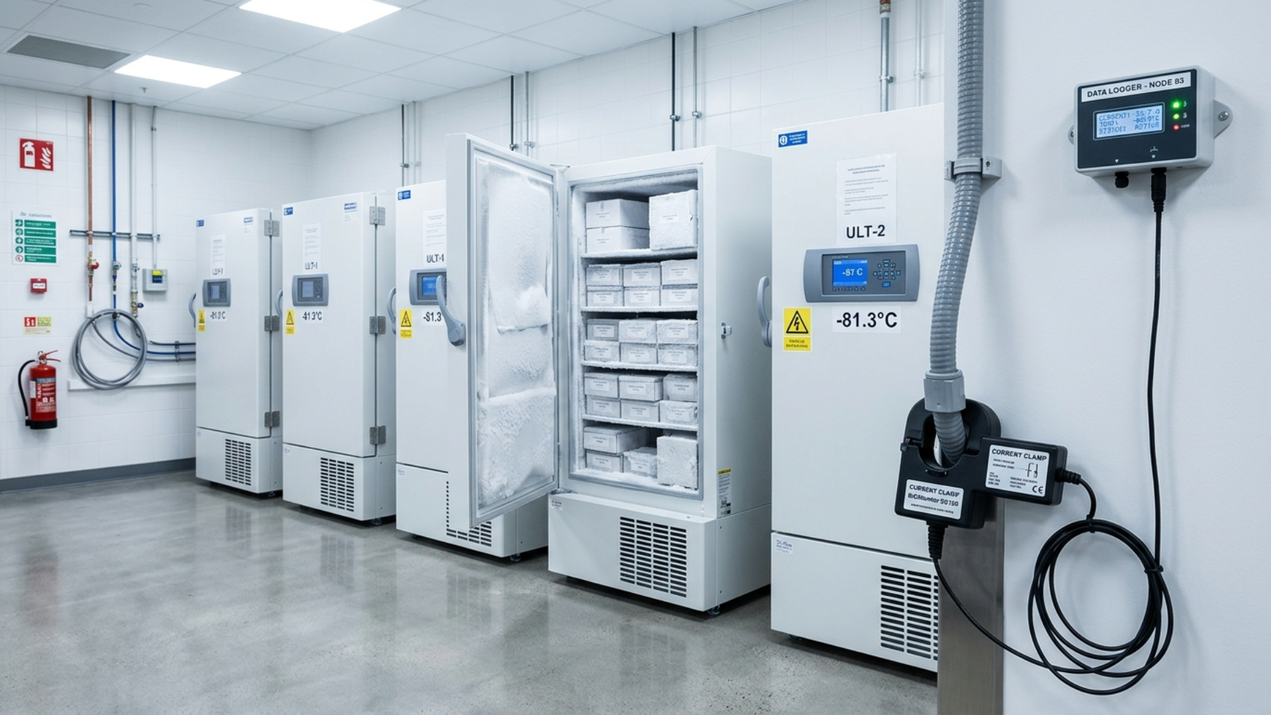 a bank of ulta-low-temperature freezers with data logger illustrating the importance of predictive maintenance