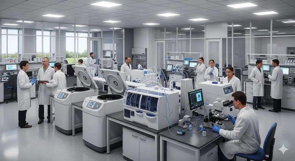 a lab with shared equipment zones people are collaborating and talking