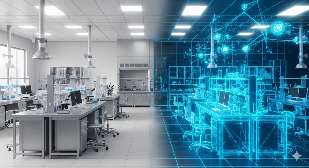 visualization of digital twin concept showing the transition from the physical laboratory environment into a glowing, data-rich 3D digital replica