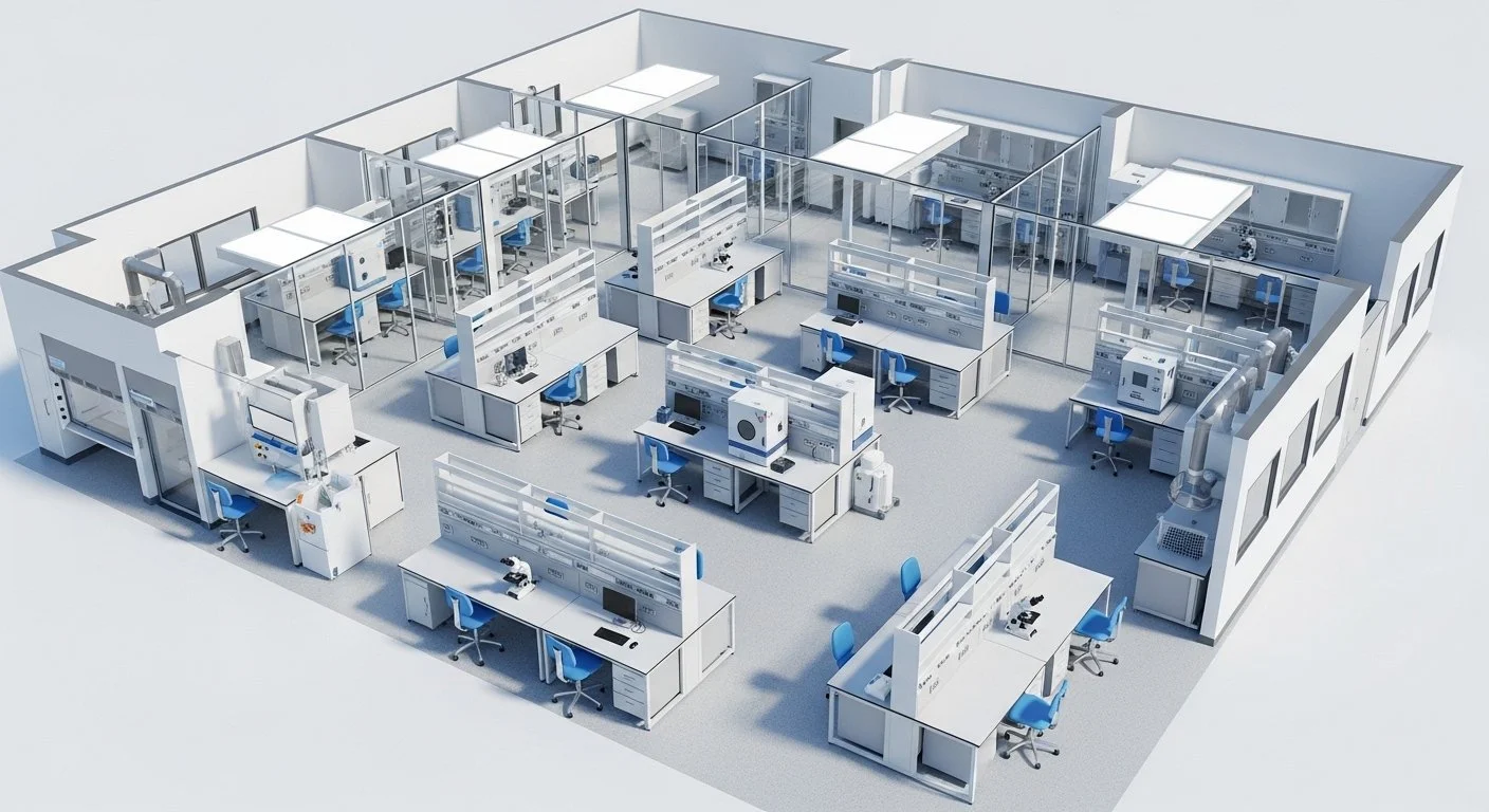 #D illustration of a lean lab design showing efficient workspace and traffic zones