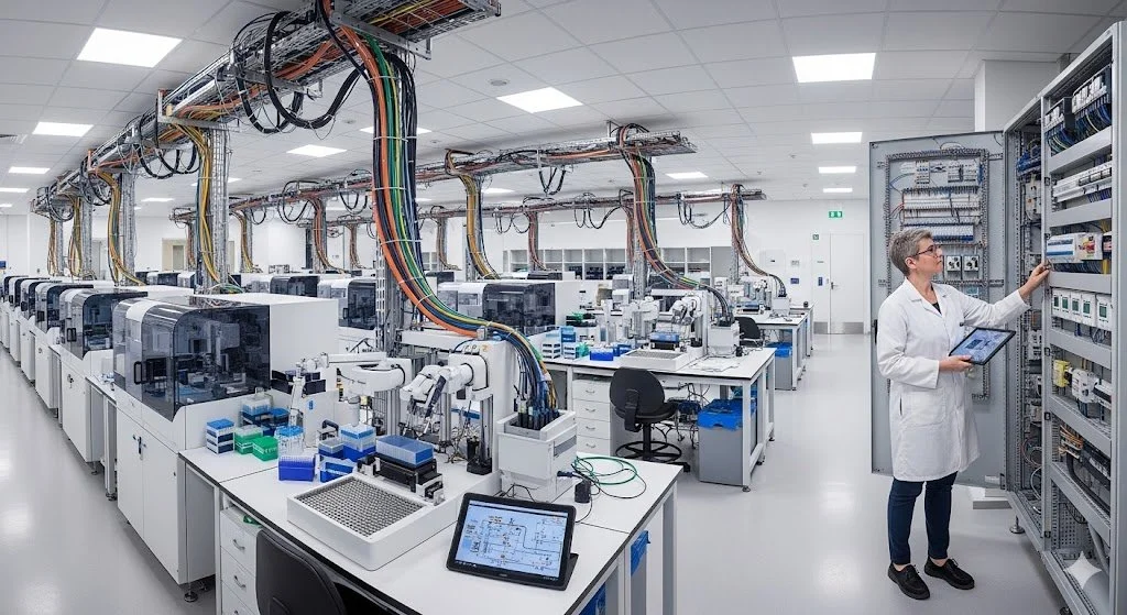 a lab with multiple liquid handlers showing power and utility hookups