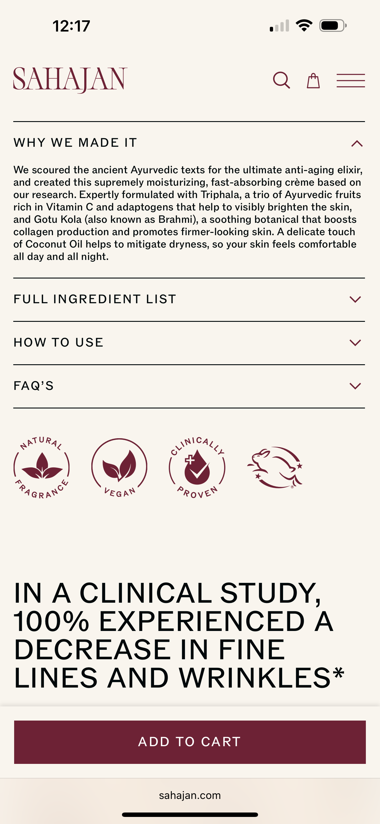A product detail page for the Radiance Serum by Sahajan