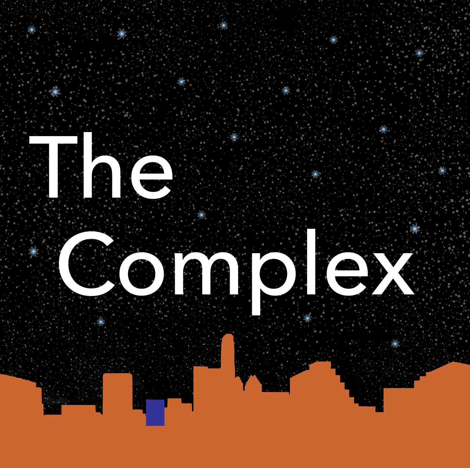 An illustrated city skyline at night with a starry sky above and the text 'The Complex' in large white font.