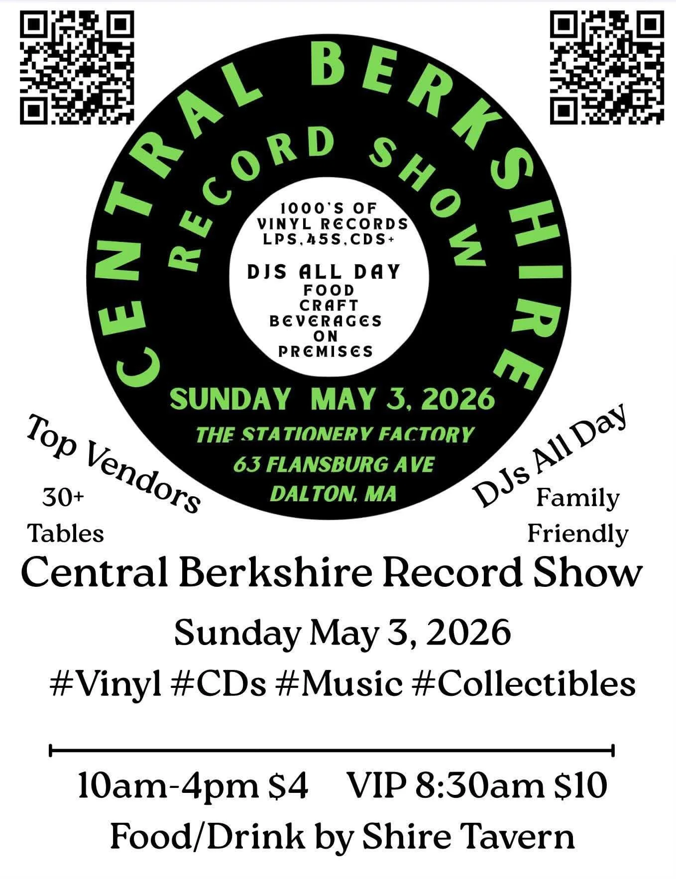 The Central Berkshire Record Show returns May 3rd 2026 @centralberkshirerecordshow

&mdash; Top Vendors with Records (LPs and 45s), CDs and more 10,000+
&mdash;DJs spinning records all day.
&mdash;Food and Craft Beverages on site at Shire Tavern 11-4