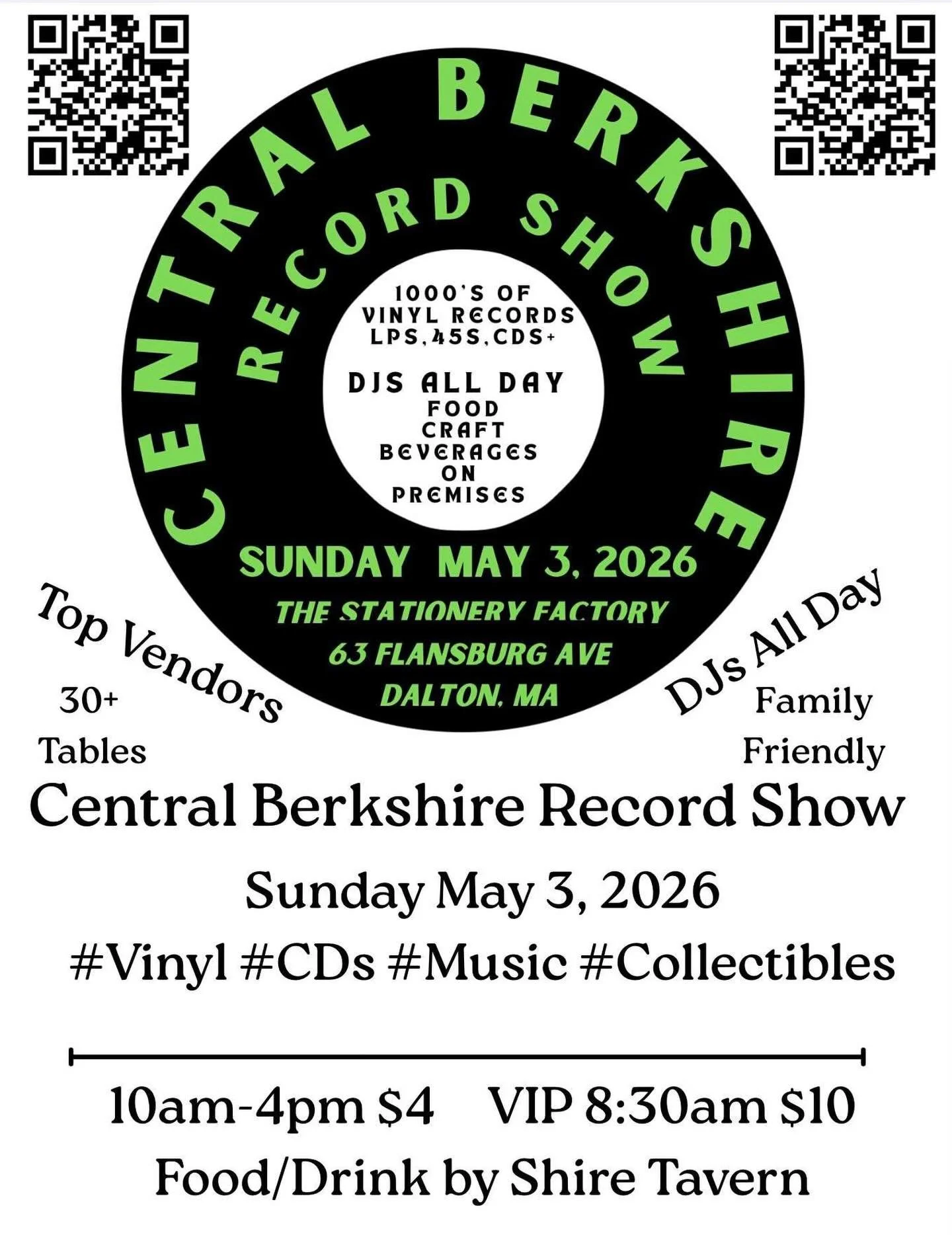 The Central Berkshire Record Show ris this Sunday May 3rd 2026
No need for reservations. Just show up.. 
&mdash; Top Vendors with Records (LPs and 45s), CDs and more 10,000+
&mdash;DJs spinning records all day.
&mdash;Food and Craft Beverages on site