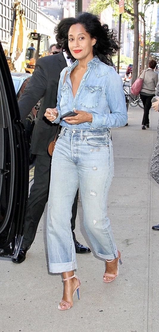 Tracee Ellis Ross wearing a denim shirt and pant