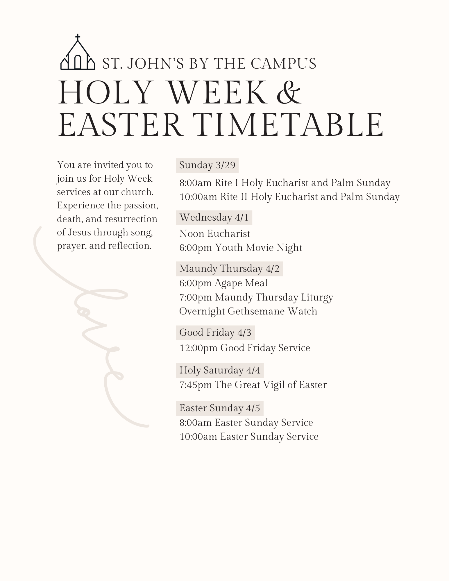 Holy Week Schedule — St. John's by the Campus