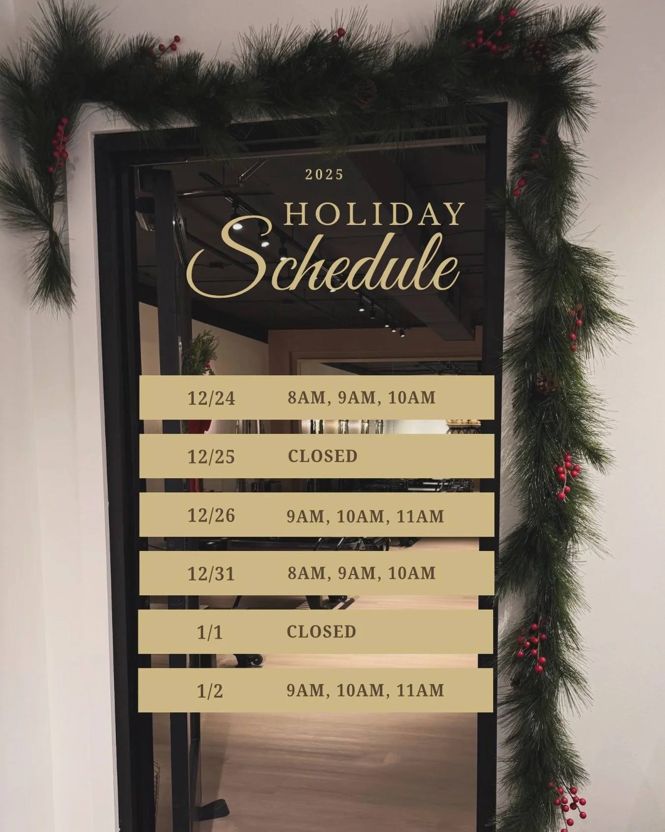 ✨ Holiday Schedule Update ✨

As we head into Christmas week and New Year&rsquo;s week, we wanted to share a quick look at our adjusted class schedule 🎄✨

Let&rsquo;s finish 2025 strong&mdash;surrounded by our favorite people, moving our bodies in wa