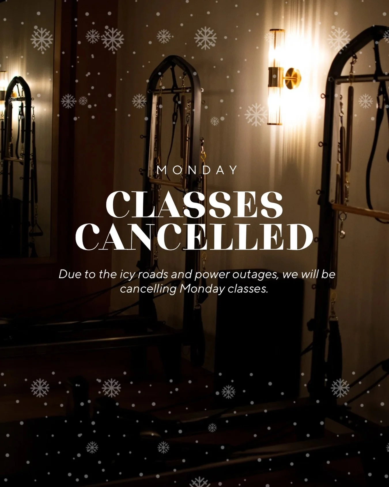 Monday classes are canceled ❄️
Due to icy roads, power outages, and downed trees, we&rsquo;re choosing to err on the side of caution.

As of now, Tuesday classes are still on but we&rsquo;ll reassess tomorrow based on conditions and keep you posted w