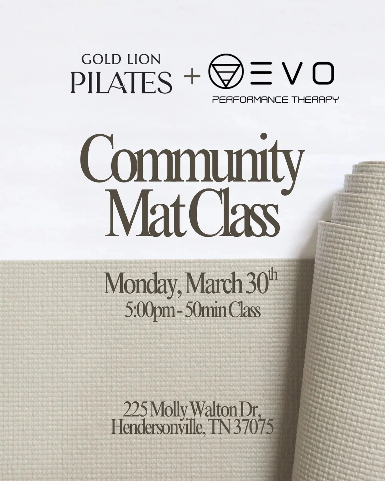 Gold Lion Pilates is taking it to the mat 🦁

We&rsquo;re heading over to Evo Performance Therapy Hendersonville for a free community Mat Pilates class, and we would love for our Gold Lion crew to join us.

Mat Pilates is where the true roots of the 