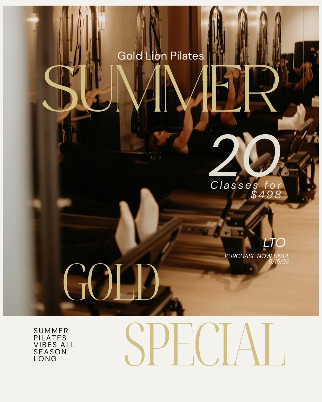 ☀️ SUMMER GOLD SPECIAL☀️

Don&rsquo;t let summer be the reason you lose your momentum.

For a limited time, we&rsquo;re offering 20 classes for $498&mdash;bringing your cost to less than $25 per class.

Whether you&rsquo;re traveling, spending more t