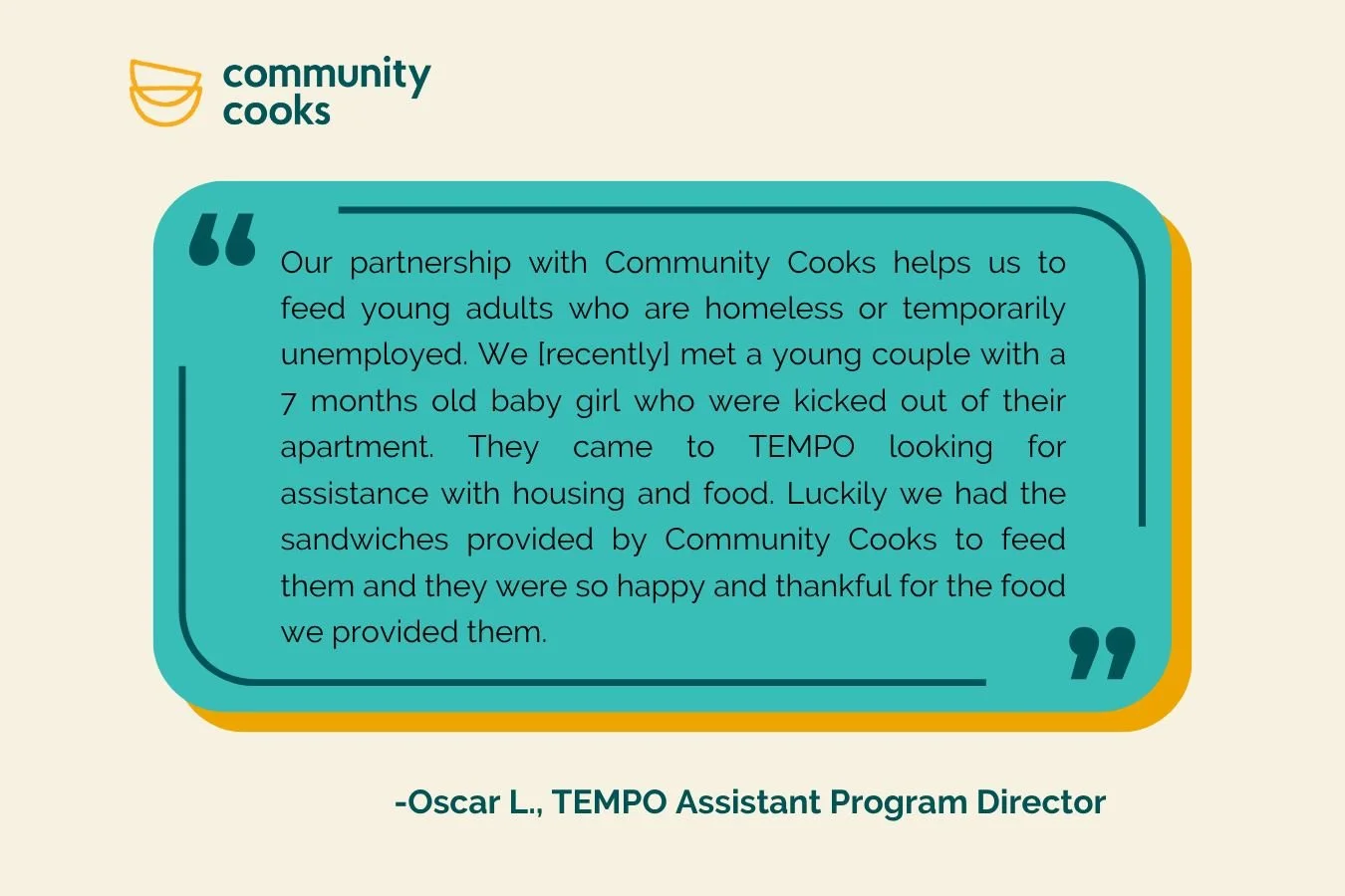 Today's partner spotlight: @waysideyfsn TEMPO Young Adult Resource Center 🧡

For 10 years, Community Cooks has been providing meals to TEMPO, a one-stop resource center helping young adults transition to adulthood. A program of  Wayside Youth &amp; 