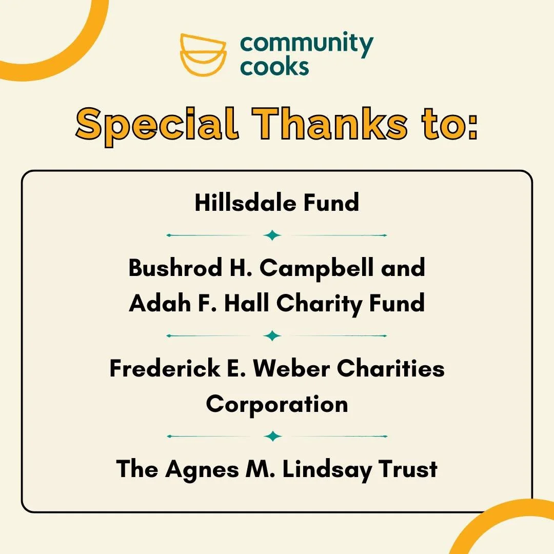Many thanks to the generous funders that awarded grants to Community Cooks from October through December 2025. Foundation support is crucial, accounting for about 20% of our annual budget. We are incredibly grateful for renewed support from the follo