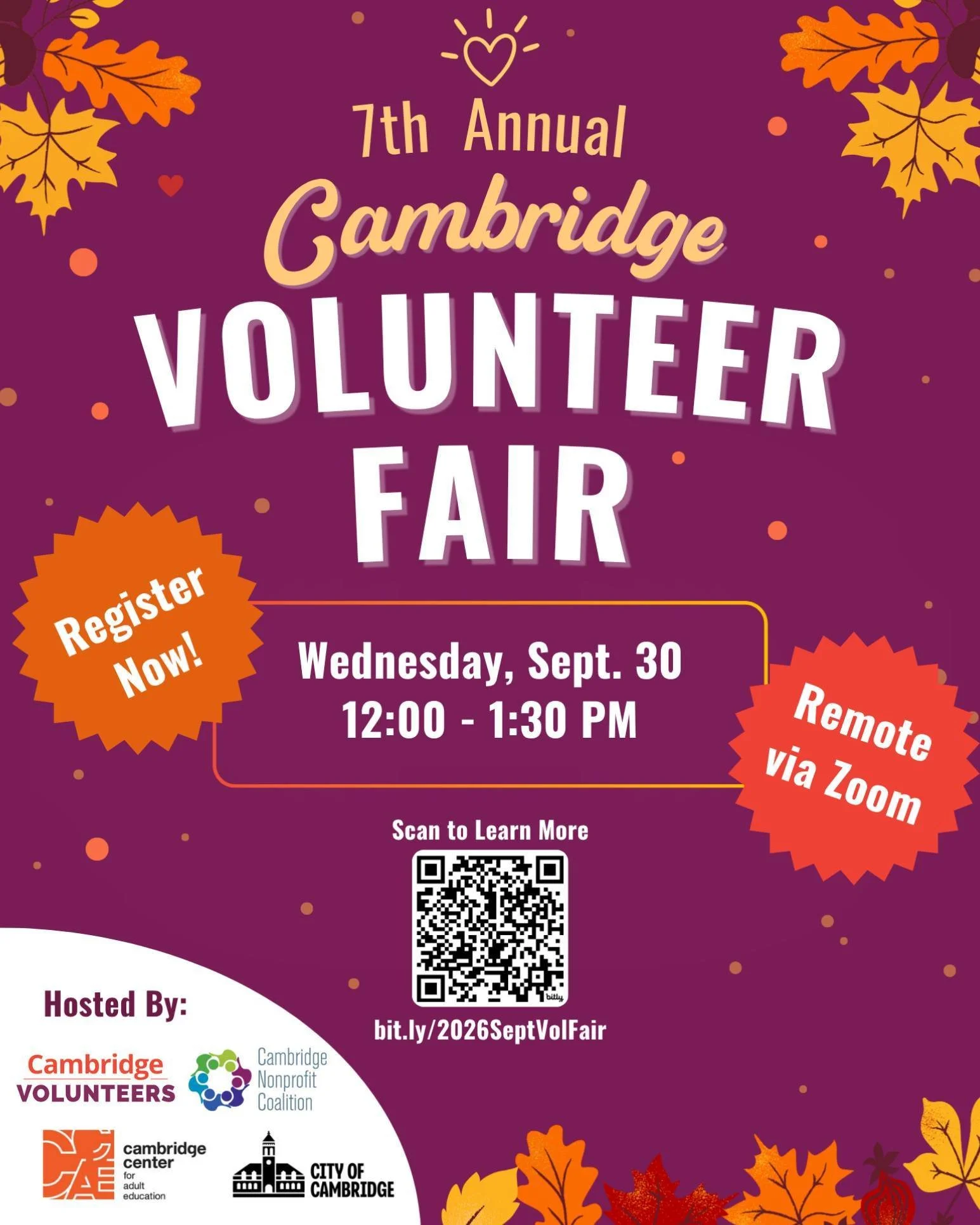 We&rsquo;re excited to be part of the Fall 2026 Cambridge Volunteer Fair! Join us on September 30th to learn about volunteer opportunities at Community Cooks and so many other local organizations doing important work. Register today at bit.ly/2026Sep