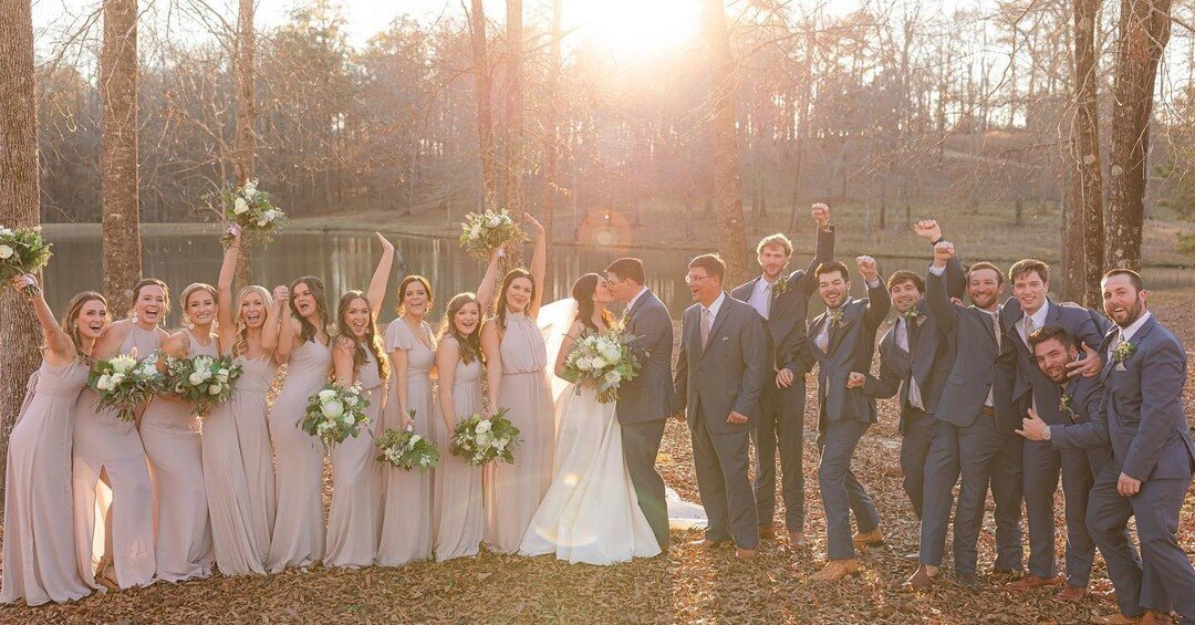 I mean could Lacey and Austin's wedding party be any more perfect?  And that smooch y'all!!!!!! 🔥

Photographer: @abbyleephotog 
Planner: @lauralece827 
Florals: @evanandcompany 
.
.
.
.
.
#weddingbarn #farmweddings #farmwedding #backyardwedding #al