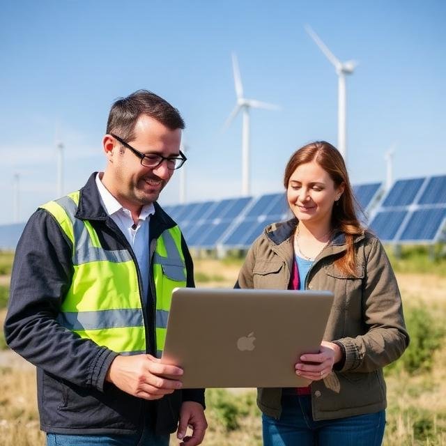Two people, a man and a woman, standing outdoors at a solar energy site with solar panels and wind turbines, looking at a laptop together.