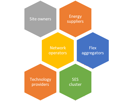 Diagram showing network stakeholders including site owners, energy suppliers, network operators, flexible aggregators, technology providers, and SES cluster.