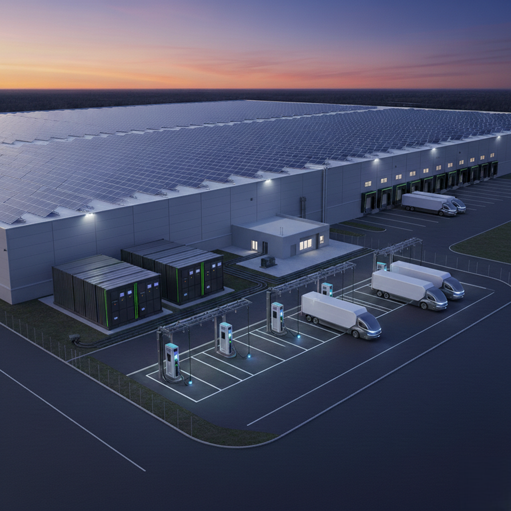 Large warehouse with solar panels on the roof, electric vehicle charging stations, and trucks parked outside during sunset.