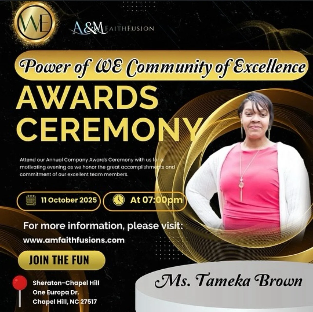 🔥It&rsquo;s almost that time! I am honored to be recognized with the Power of WE Community of Excellence Award by A&amp;M FaithFusion! ✨

Please join me in celebrating this special moment on October 11, 2025, at 7:00 PM, held at the Sheraton Chapel 